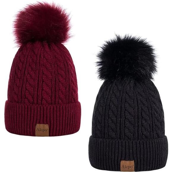 2-Pack Women\'s Winter Knit Slouchy Beanie Chunky Baggy Hat with Pom Pom main image 6